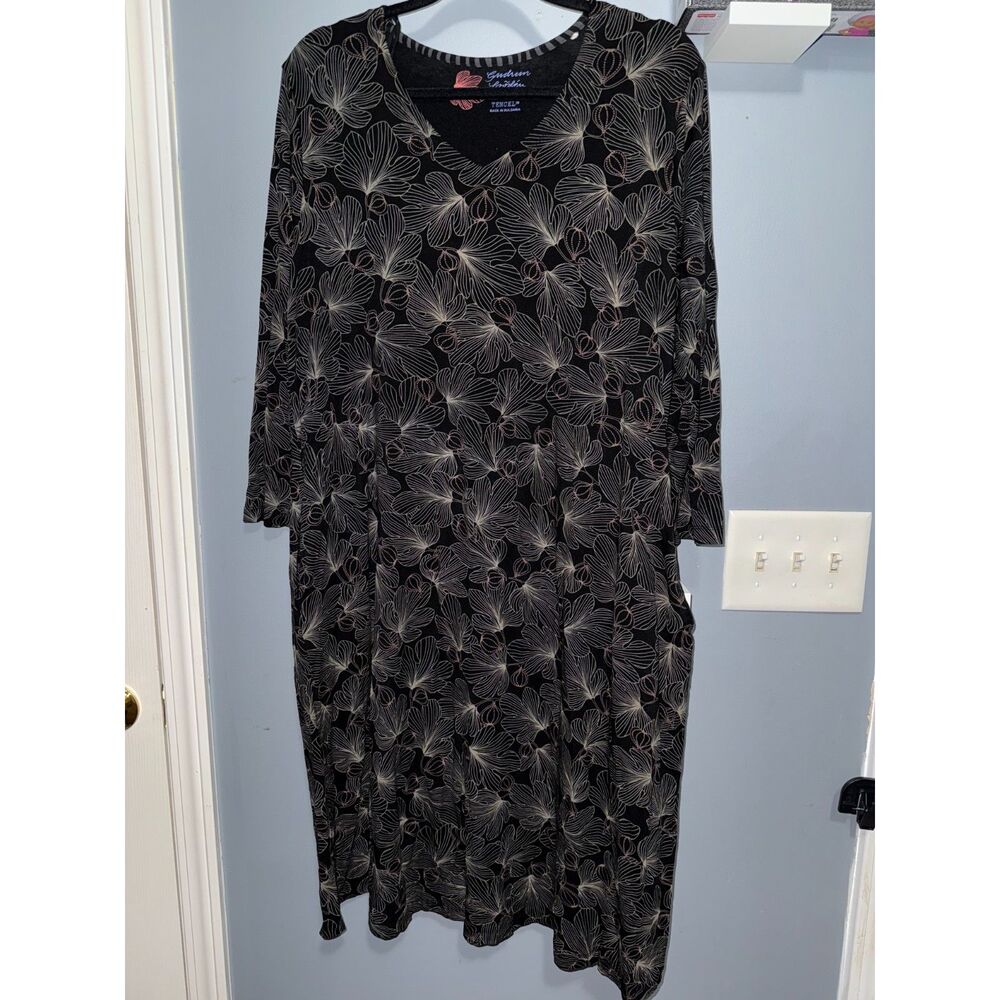Gudrun Sjoden Long Sleeve Black Floral Tencel Dress | Size XL | Flowy Boho